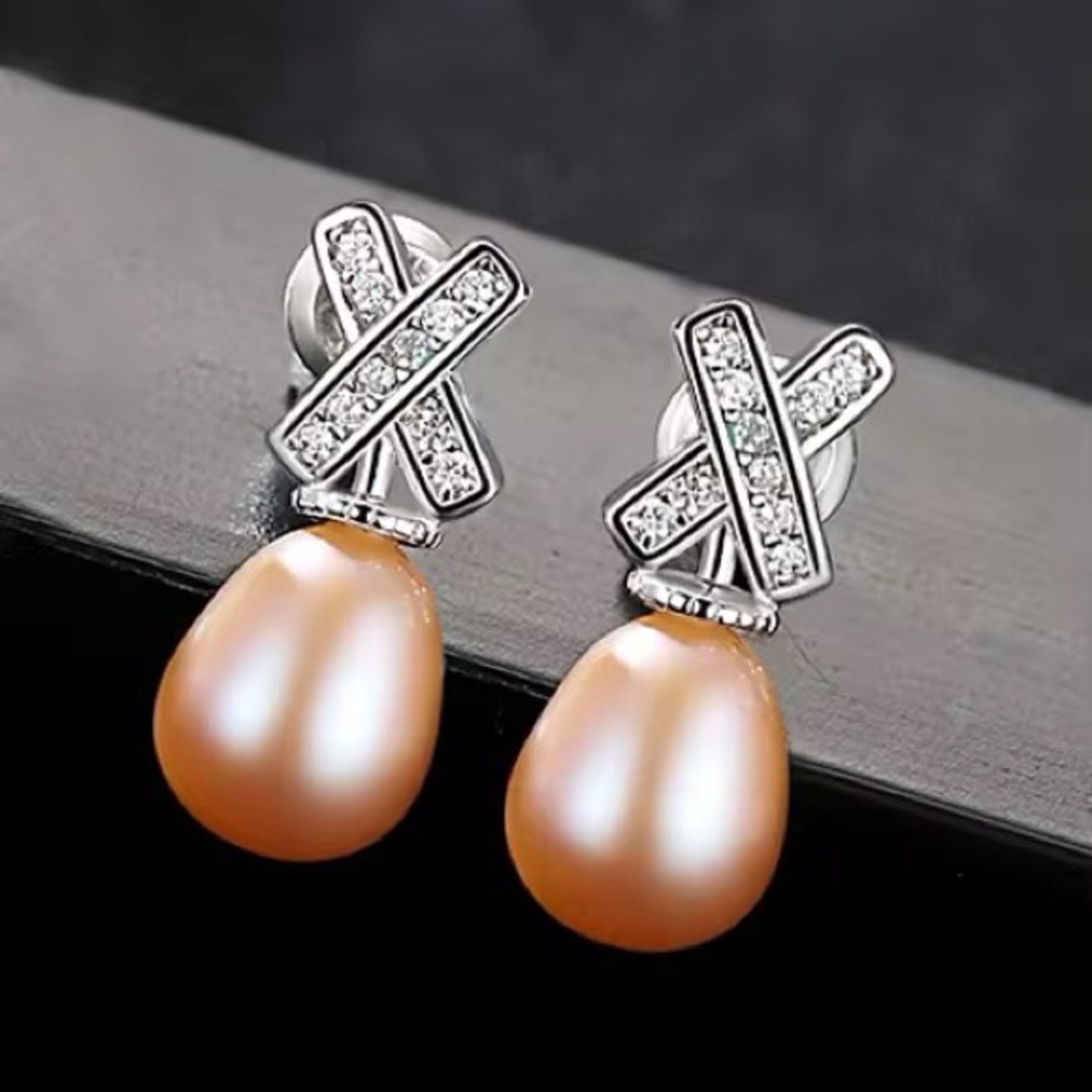 •High-end Quality Unique X Shape Freshwater Pearl 925 Sterling Silver Earrings